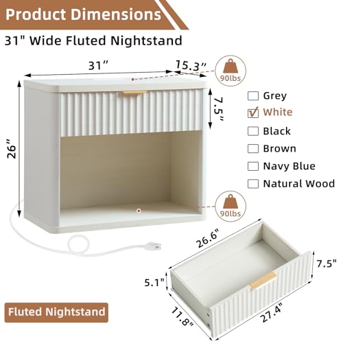 31" Wide Fluted Nightstand with Charging Station