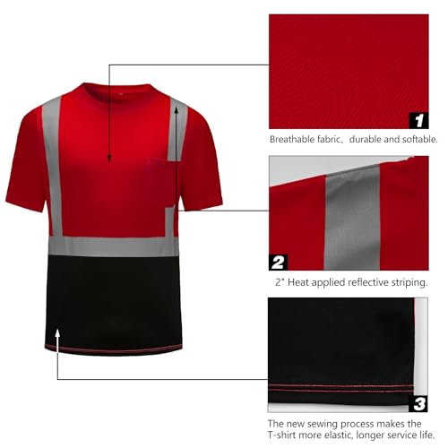 High Visibility Shirts Quick Dry Safety T Shirts with Reflective Strips and Pocket Short Sleeve Mesh Hi Vis Construction Work Class 2 Shirt for Men