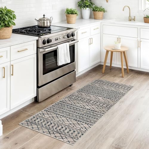 Boho Kitchen Rug 2x5 Light Brown Black Moroccan Washable Runner Rug