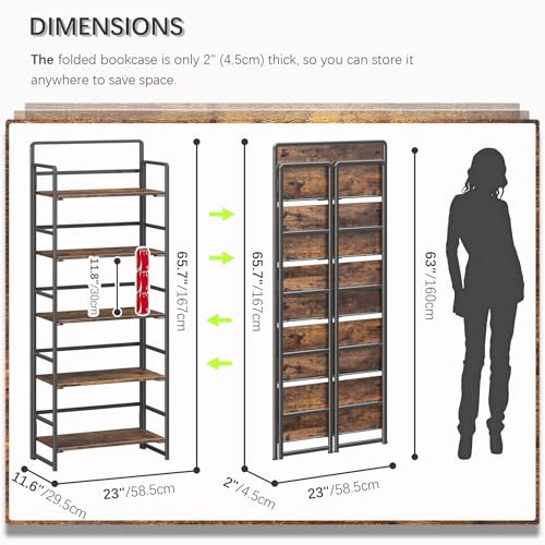 No Assembly 5 Tiers Folding Bookshelf Storage Shelves Vintage Bookcase Standing Racks Study Organizer Home Office (4 Count)