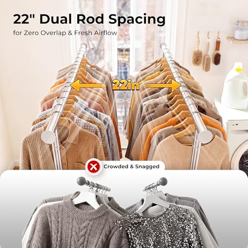 Clothes Rack Heavy Duty Clothing Rack Load 650 LBS Collapsible Garment Rack with Wheels Double Rod Clothes Rack for Hanging Clothes Commercial Portable Closet Rack with Shelves 22"D*75"W*68"H