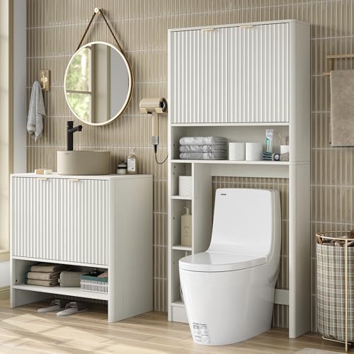 Fluted Over The Toilet Storage Cabinet 31''W Modern Above Toilet Storage Cabinet with Fluted Doors & Adjustable Shelf for Bathroom