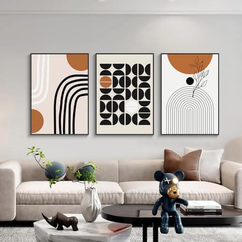 3Pcs Black Brown Boho Abstract Geometric Line Framed Canvas Wall Art (3 Count)