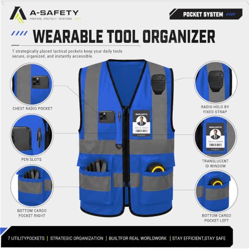 Big and tall Blue high vis Reflective Work Ves 7 Pockets