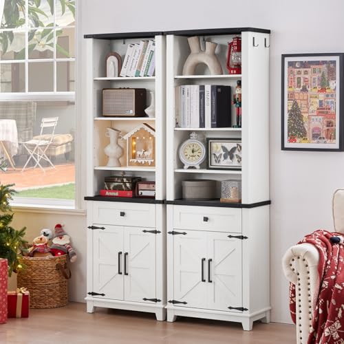 72in Tall Bookshelf 7 Tier Bookcase with Drawer and Barn Doors and Adjustable Shelves (4 Count)