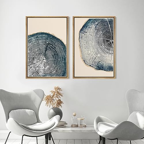 Framed Canvas Print Wall Art Navy Blue Wood Tree Ring Nature Illustration Modern Art Decorative Multicolor Geometric Minimal for Bedroom