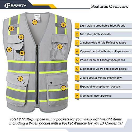 Safety Vest for Men Women Reflective Hi Vis JK901 Grey 4XL