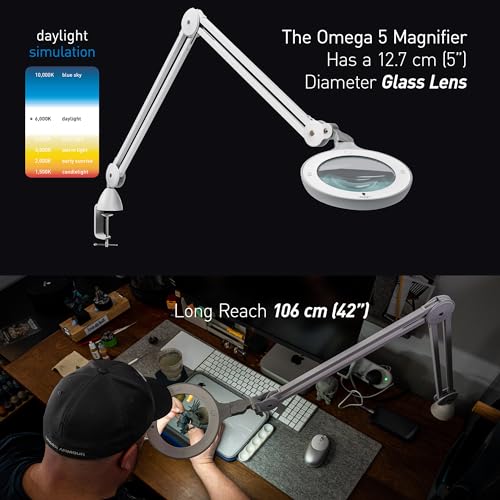 Omega 5 Premium LED Magnifying Lamp with Interchangeable Glass Lenses