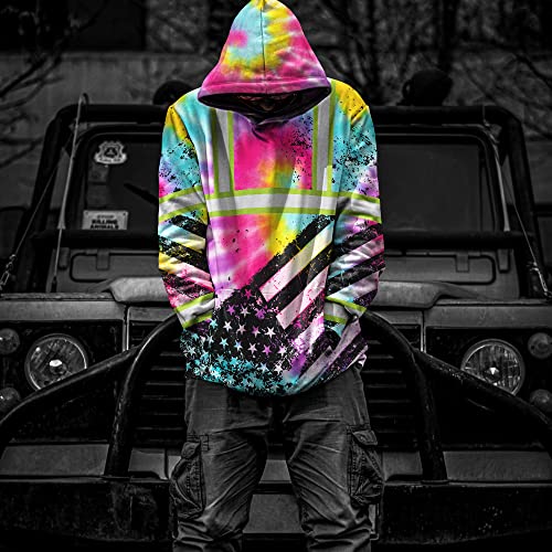 Tie Dye USA Flag New Hoodie Class 3 US Flag High Visibility Reflective Workwear Hoodie