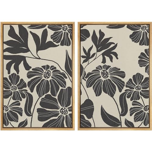 Framed Canvas Print Wall Art Monochrome Floral Botanical Black and White Illustrations Modern Art Decorative Bohemian Colorful Chic for Living Room