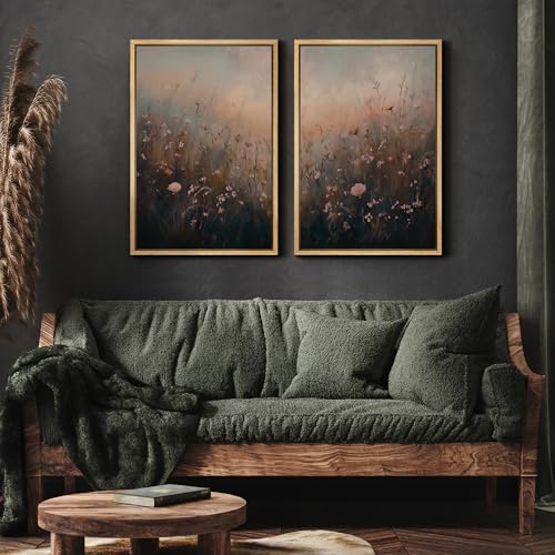 Framed Canvas Print Wall Art Forest and Lake Landscape Vintage Nature Scenery Illustrations Modern Art Decorative Bohemian Chic for Living Room (2 Count)