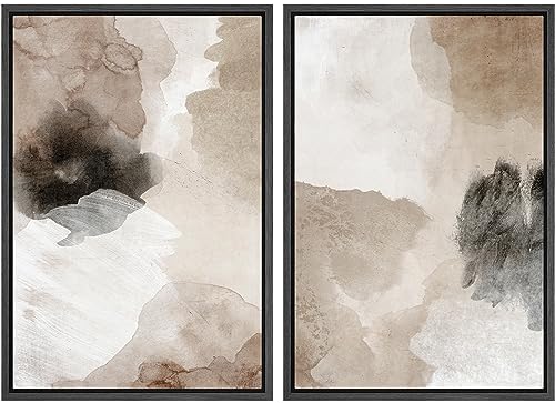 Framed Canvas Print Wall Art Watercolor Brown White Black Collage Abstract Shape Illustrations Modern Art Decorative Bohemian Colorful Chic for Living Room (2 Count)