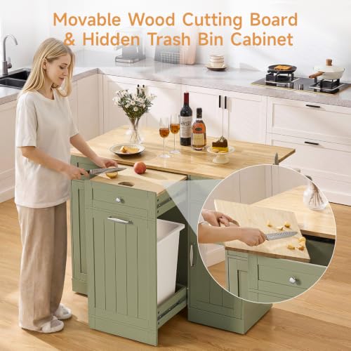 Kitchen Islands with Movable Wood Cutting Board & Trash Can