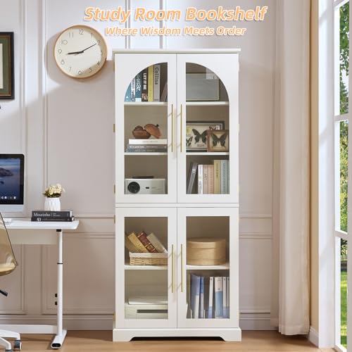 72" Tall Bookcase with 4 Curved Glass Doors
