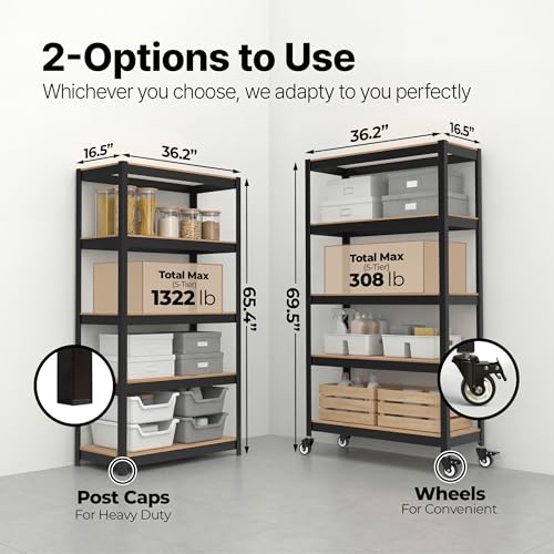 House 36.2" W 5 Tier Heavy Duty Garage Shelving Adjustable Metal Rack Storage Shelves Standing Shelf Unit Organizers Pantry Closet Office Black 2Pack (2 Count)