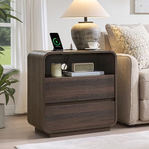 Walnut Curved Nightstand Set of 2 with Charging Station