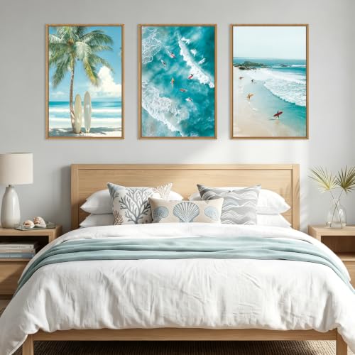 Extra Large Surfing Tropical Beach Framed Wall Art 24x36 Inch Blue Summer Coastal Canvas Wall Decor Surfboard Seaside Tree Landscape Art Print for Living Room Bedroom Set of 3