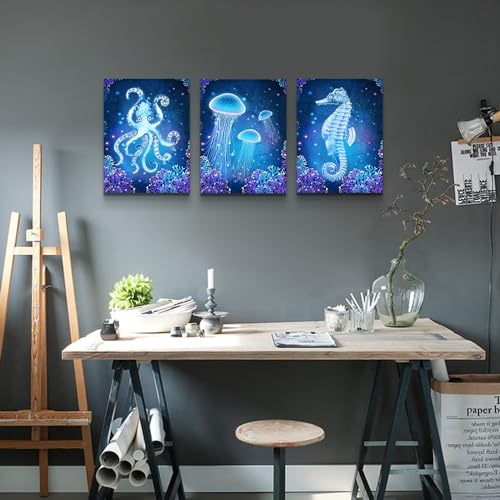 Wall Art Paintings For Bedroom Living Room Wall Decor Blue Ocean Life Theme Art Prints Wall Artworks Sea Animal Sea Horse Octopus Jellyfish Pictures Bathroom Home Decor Posters 3 Panels (3 Count)