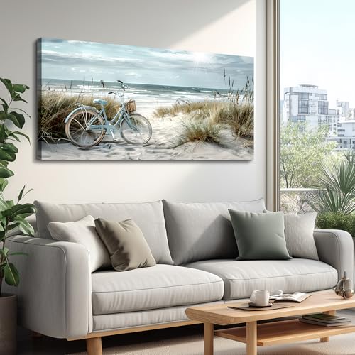Wall Art For Living Room Canvas Decor For Bedroom Modern Office Decorations Blue Beach Bicycle Seascape Paintings Ocean Landscape Pictures Artwork Ready To Hang Home Decor