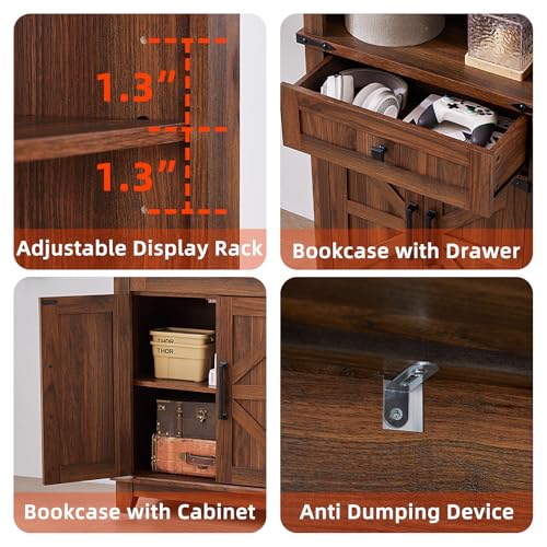 72in Tall Bookshelf 7 Tier Bookcase with Drawer and Barn Doors and Adjustable Shelves