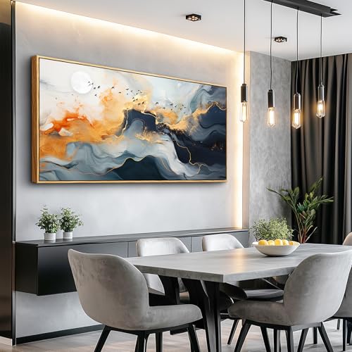 Framed Wall Art Abstract Large Canvas Picture Marble Fluid Art with Gold Foil Moon & Bird Design Home Decor for Living Room Bedroom Hotel Office Wall Decorative Artwork Ready to Hang 24x48
