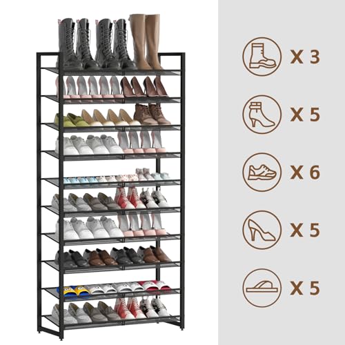 Shoe Rack, 10-Tier Metal Shoe Organizer, Tall Shoe Rack for Closet,entryway,Garage, with Adjustable Flat or Angled Shelves, 42-50 Pairs,Shoes that can accommodate The Whole Family. (10 Count)
