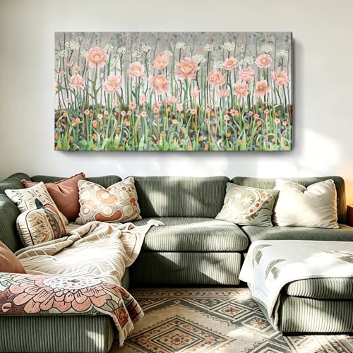Rustic Plant Wall Art For Bedroom Pink Green Floral Print 58X29 In