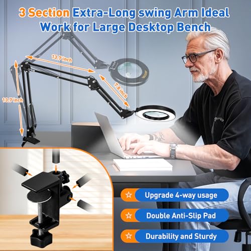 Ultra Long 3 Section Swing Arm 12X 30X Magnifying Glass with Light