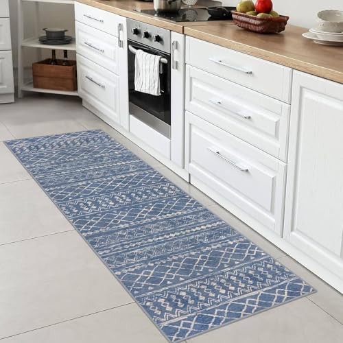 2x6 Washable Runners for Hallways Blue Beige Moroccan Boho