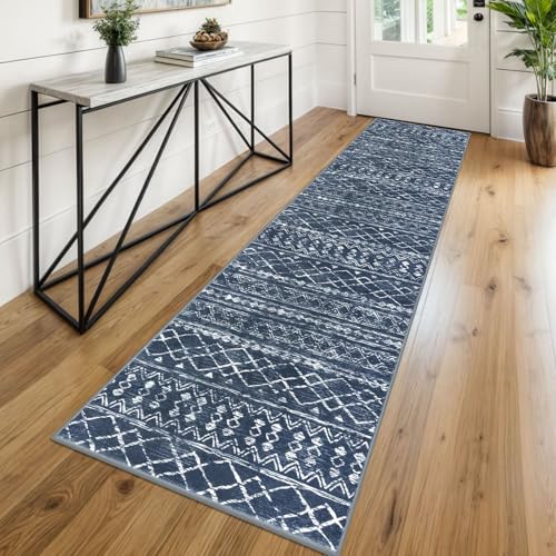 Boho Runners for Hallways 2x8 Navy Blue Washable Runner Rug
