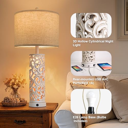 2-in-1 Light Table Lamp Set of 2 for Living Room, 28.5" Farmhouse Bedside Lamps with USB Charging Port, Main&Night Light & Dual Switches, Nightstand Lamp for Bedroom Home Office(Bulb Included)