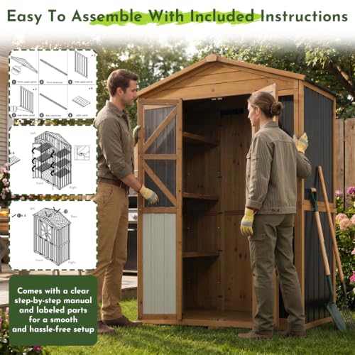 Outdoor Wooden Storage Shed Cabinet with 6 Adjustable Shelves