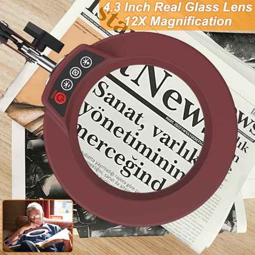 12X Large Magnifying Glass with Light and Clamp