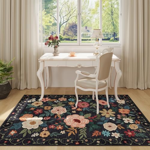 4x6 Area Rug Floral Washable Office Rug Non Slip Chair Mat (24 Sq Ft)