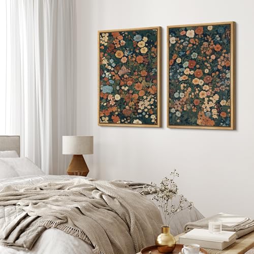 Framed Canvas Print Wall Art Vintage Floral Botanical Colorful Wildflowers Illustrations Modern Art Decorative Bohemian Colorful for Living Room