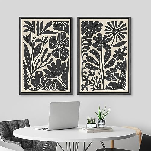 Framed Canvas Wall Art Abstract Floral Botanical Prints Minimalist Modern Art Boho Wall Decor for Bedroom (2 Count)