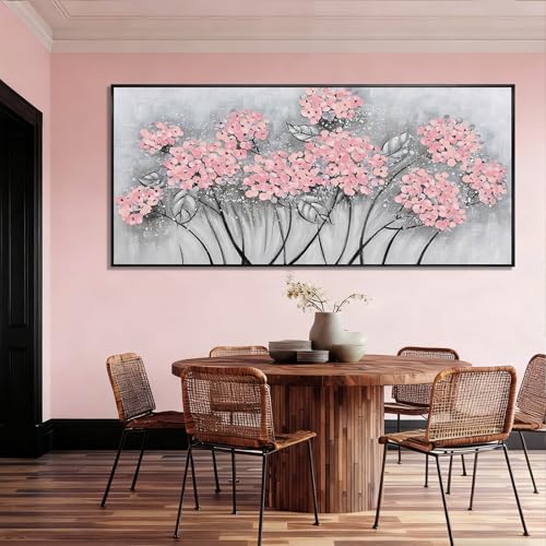 Flower Wall Art Pink Wood Wall Decor Botanical Oil Painting 32"x70" Large Artwork for Bedroom Canvas Paintings for Office