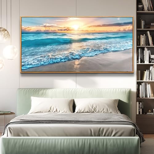 Large Canvas Wall Art For Living Room Wood Framed Wall Decor For Bedroom Blue Beach Seascape Wall Paintings Modern Office Decorations Home Decor Poster Artwork Ready to Hang Wall Pictures