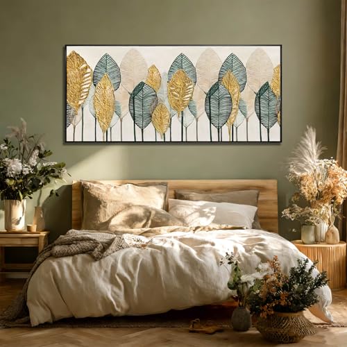 Green and Gold Wall Art Leaves Wall Decor Modern Canvas Painting 32"x70" Pictures for Dining Room Area Large Artwork for Living Room