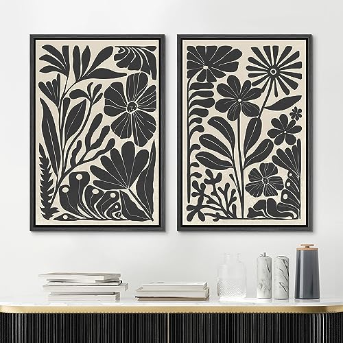 Framed Canvas Wall Art Abstract Floral Botanical Prints Minimalist Modern Art Boho Wall Decor for Bedroom (2 Count)