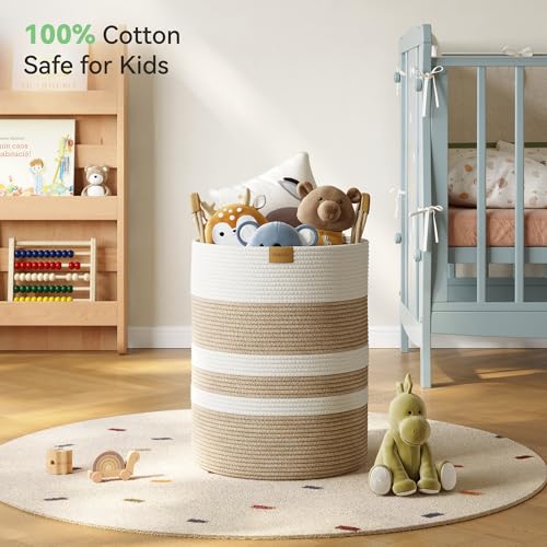 62L Striped Laundry Hamper with Leather Handles