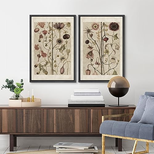 Framed Canvas Print Wall Art Wildflower Floral Botanical Nature Illustration Modern Art Decorative Multicolor Geometric Minimal for Bedroom (2 Count)