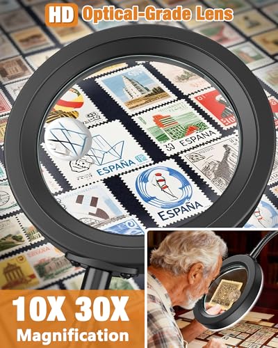 30X 10X Magnifying Glass with Light and Stand