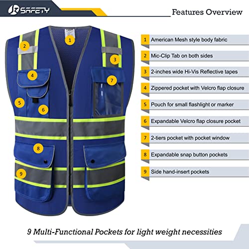 Safety Vest for Men Women Reflective Hi Vis JK100 Blue 4XL