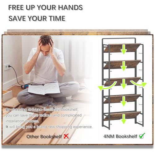 No Assembly 5 Tiers Folding Bookshelf Storage Shelves Vintage Bookcase Standing Racks Study Organizer Home Office (4 Count)