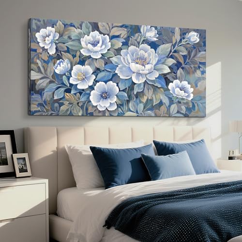 Extra Large Blue White And Gray Plant Canvas Wall Art; Modern Abstract Flower Print Picture For Living Rooms