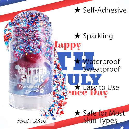 1.23 oz Red White and Blue Glitter Stick for Face Hair Body