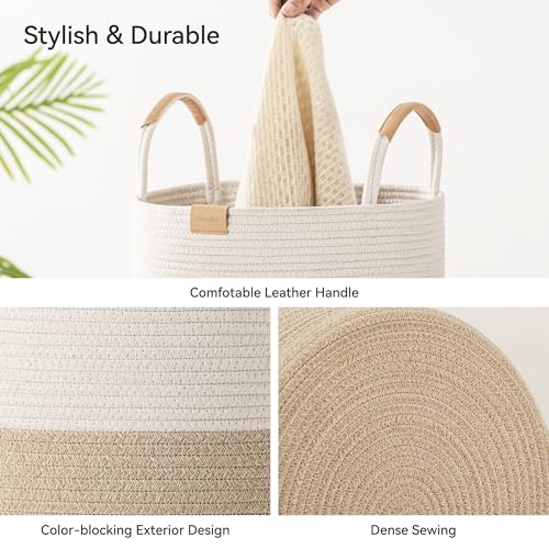 62L Striped Laundry Hamper with Leather Handles