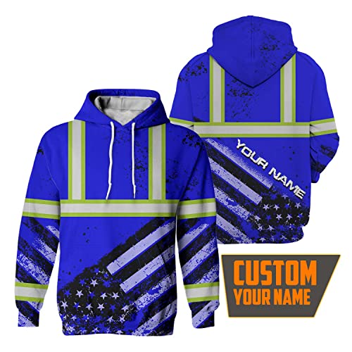 Safety Hoodie Blue US Flag Customize Name High Visibility Hoodie for Men Reflective Hoodie Hi Vis Construction Workwear for Runners