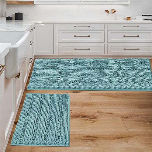 Bathroom Rugs Bath Mats Sets Super Absorbent Chenille Striped Bath Mats Non Skid Machine Wash Dry Rugs for Bathroom Floor Set of 2